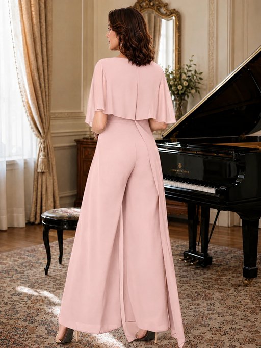 Chiffon Mother of the Bride Jumpsuit with Layered Cape Sleeves