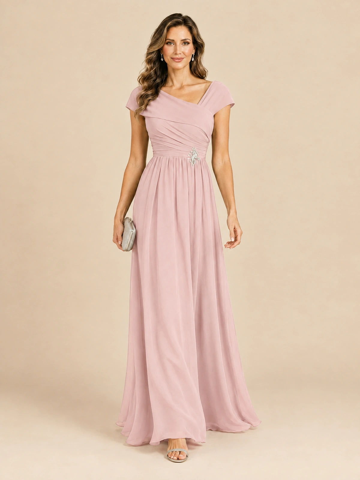 Cap Sleeve Mother of The Bride Dresses Long Chiffon Formal Gowns