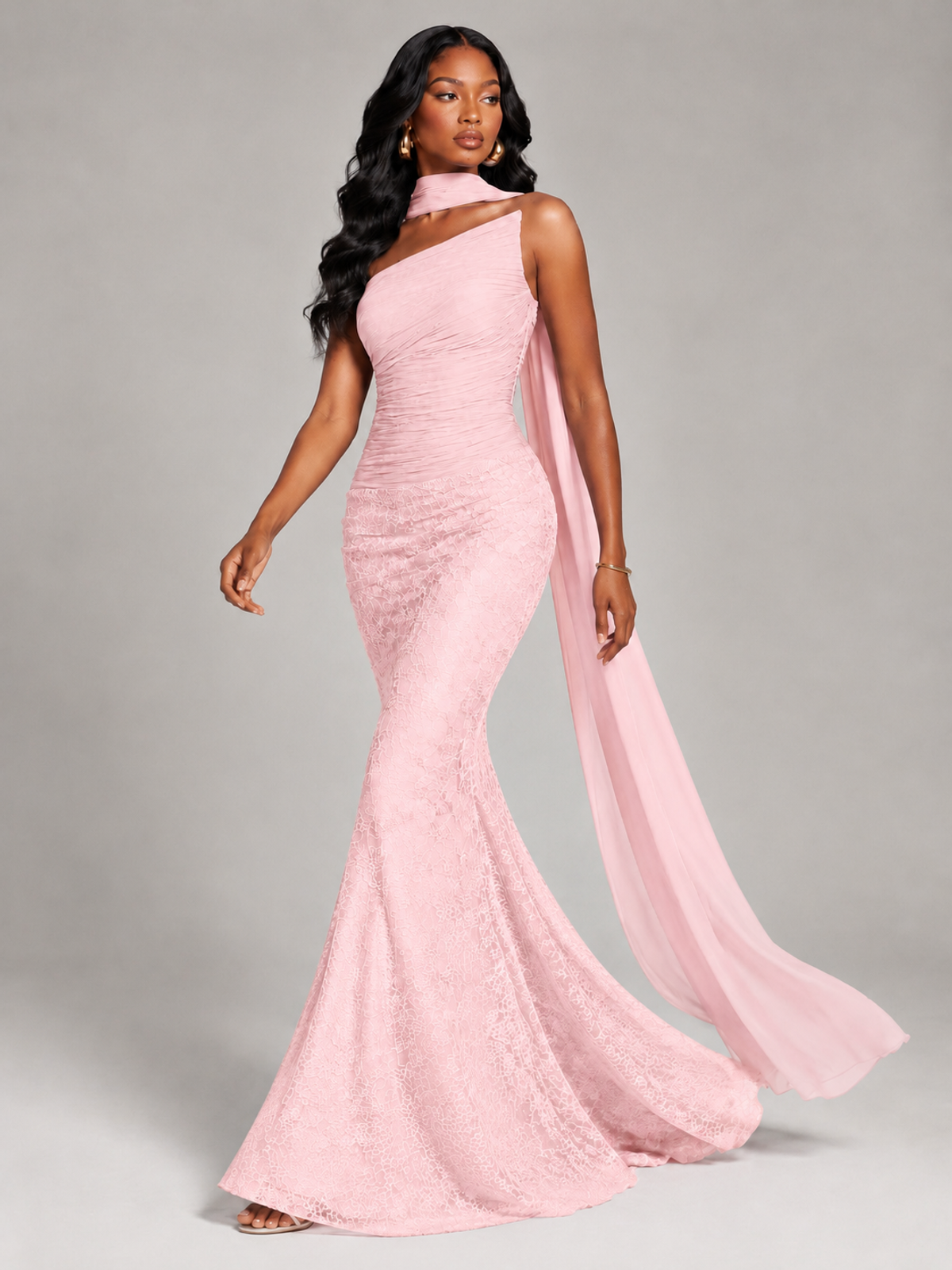 Pleated Chiffon Lace Prom Dresses Long Bodycon Mermaid with Scarf