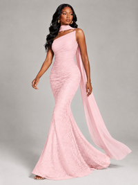 Pleated Chiffon Lace Prom Dresses Long Bodycon Mermaid with Scarf