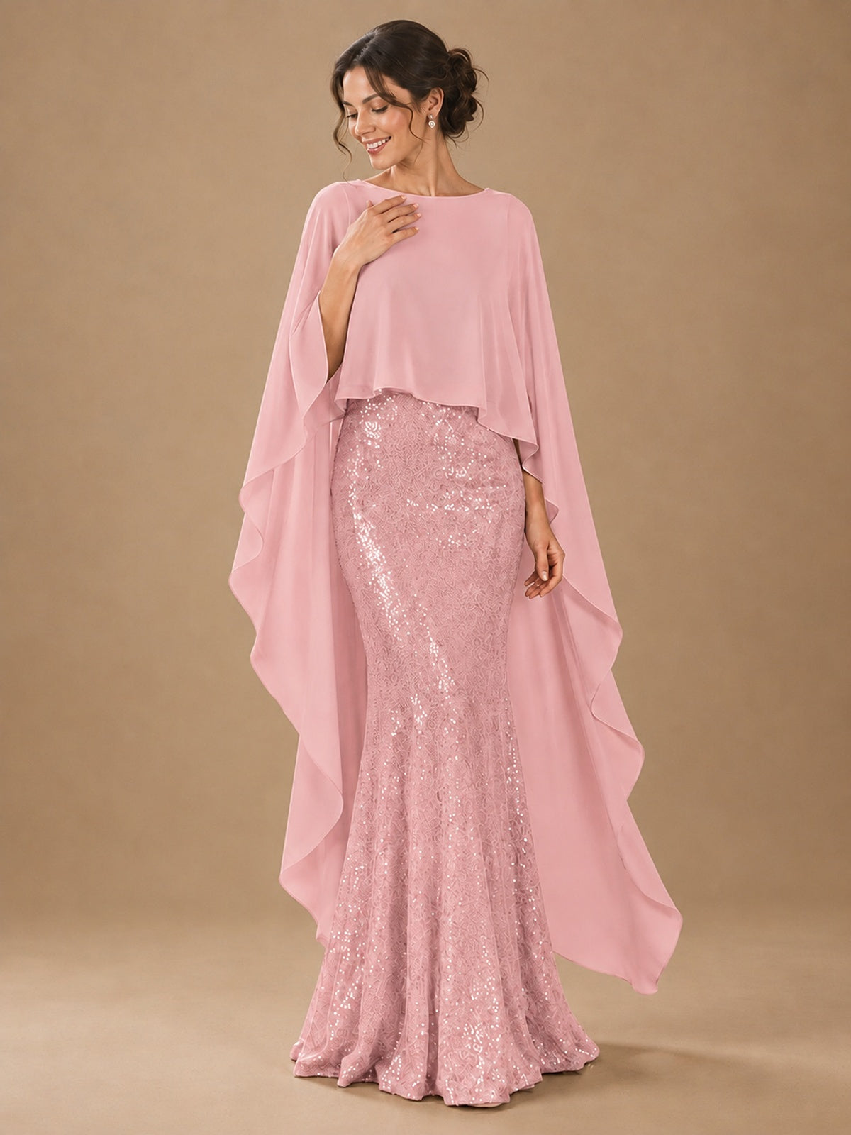 Sequin 2 Pieces Mother of the Bride Dress with Cap Sleeves Chiffon Formal Gowns