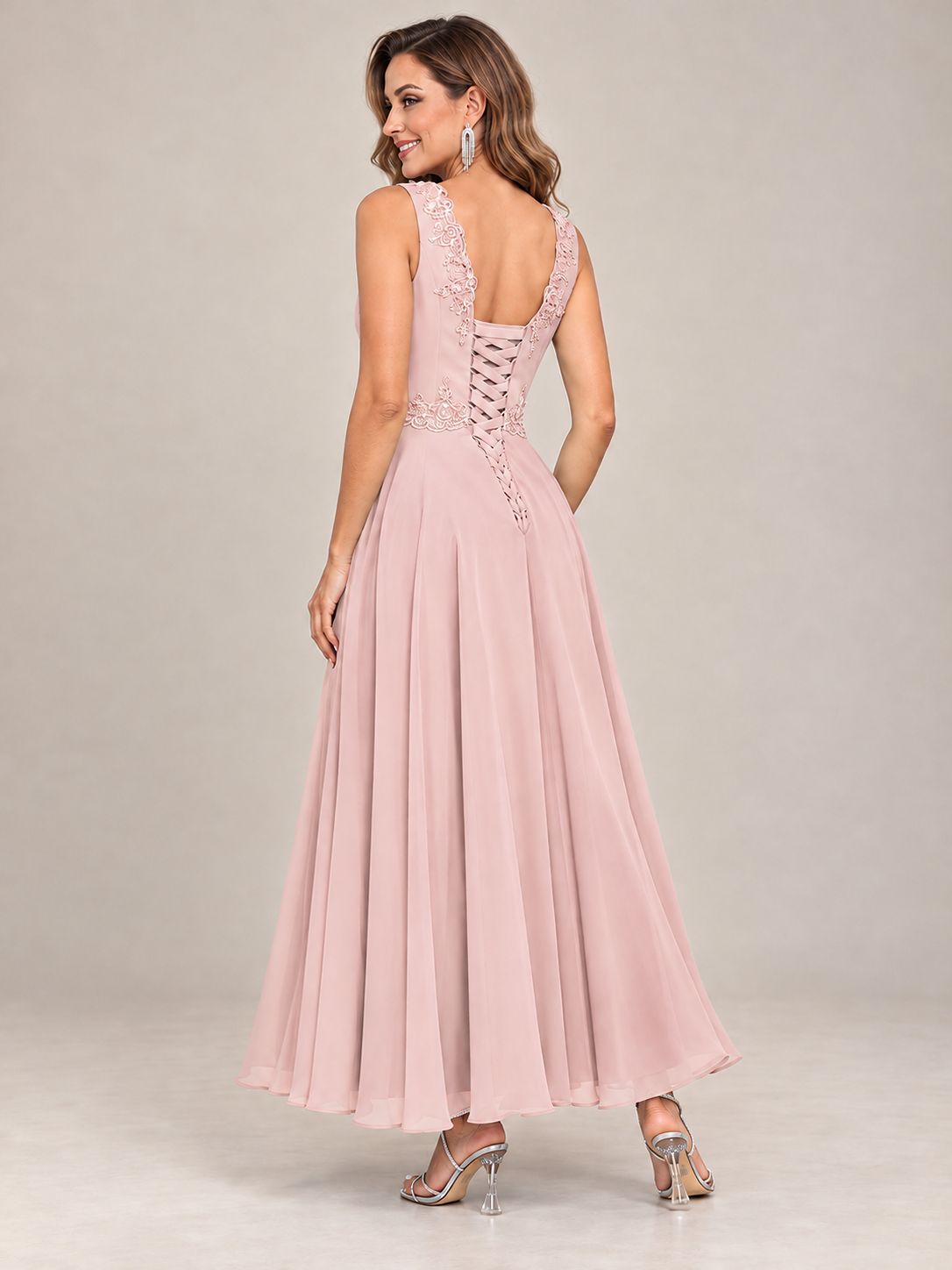 Dusty Blue Floral Lace Chiffon Mother of the Bride Dress with Jacket
