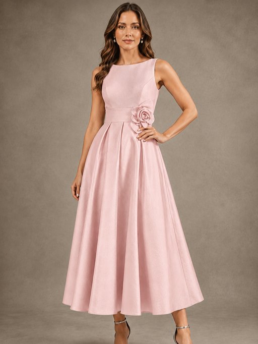 Tea-Length Satin Mother of the Bride Dress with 3D Flower Detail