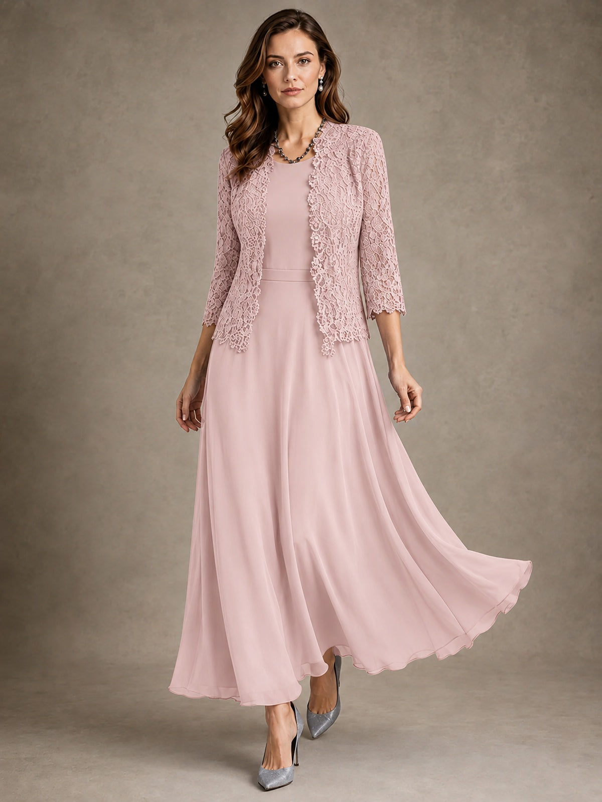 2-Piece Chiffon Mother of the Bride Dress with Lace Jacket