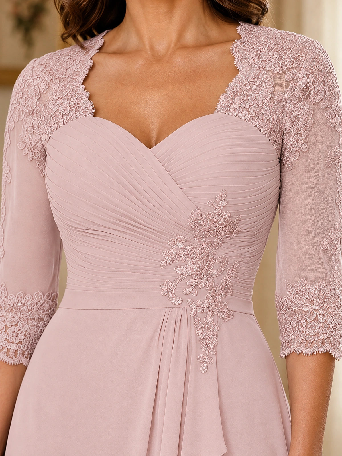 Chiffon Lace Applique Mother of the Bride Dress with 3/4 Sleeves