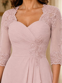 Chiffon Lace Applique Mother of the Bride Dress with 3/4 Sleeves