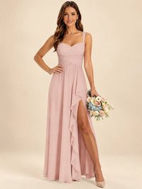 Spaghetti Straps Pleated Chiffon Bridesmaid Dress with Ruffle Slit
