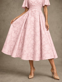 V-Neck Floral Jacquard Tea-Length Mother of the Bride Dress