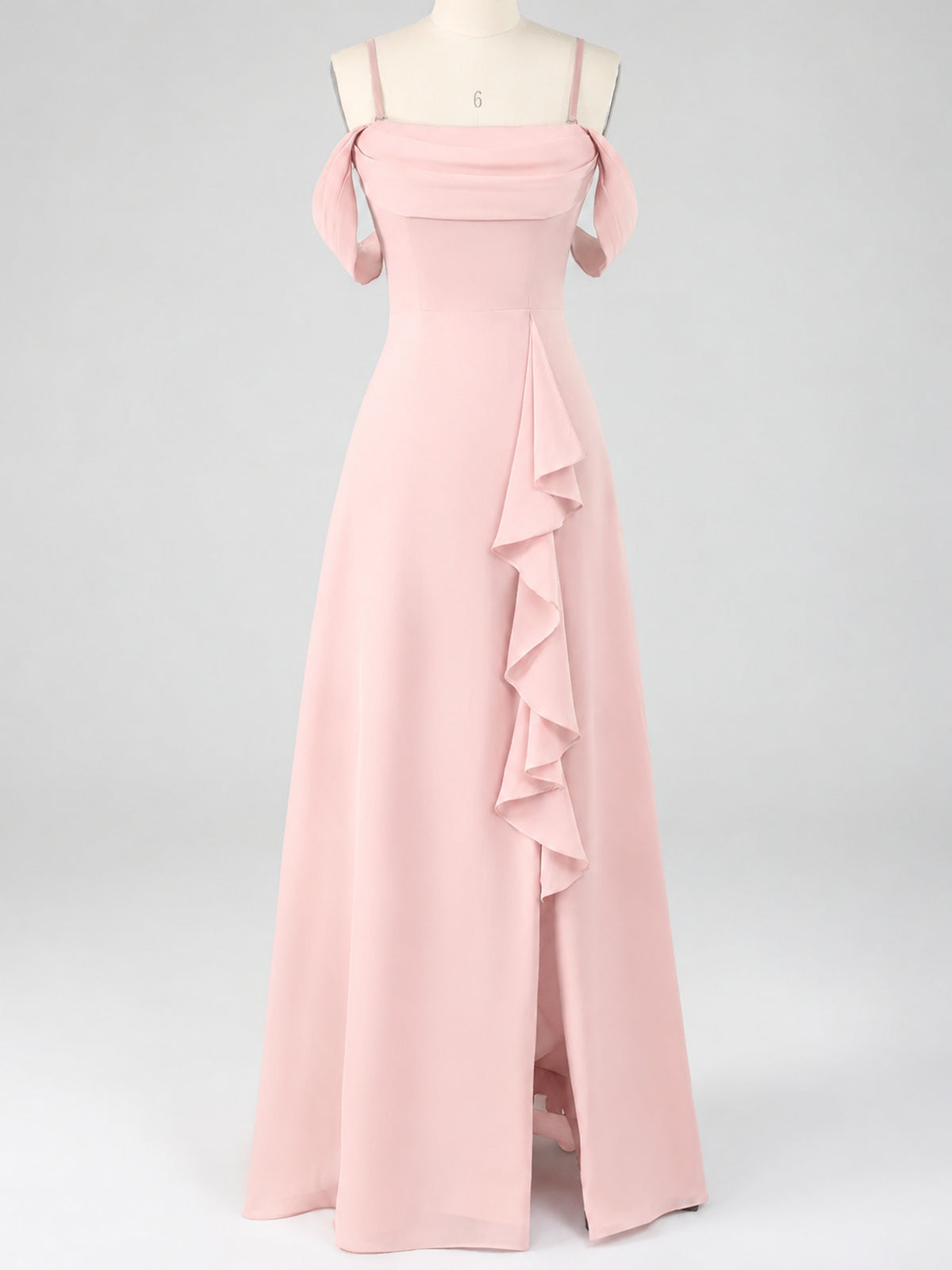Spaghetti Strap Chiffon Bridesmaid Dress with Ruffles Slit
