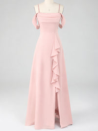 Spaghetti Strap Chiffon Bridesmaid Dress with Ruffles Slit