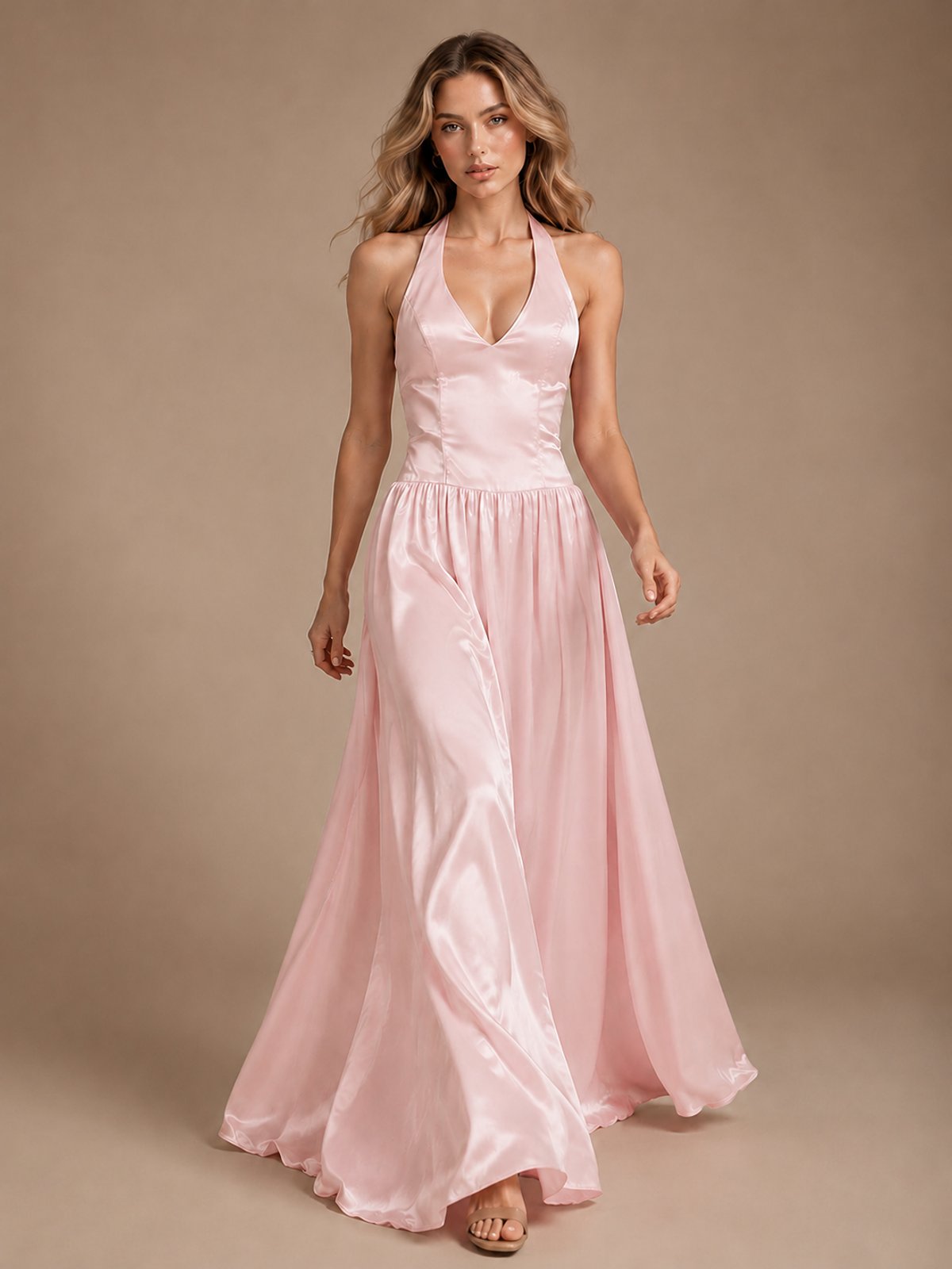 Pink V Neck Halter Satin Maxi Dress