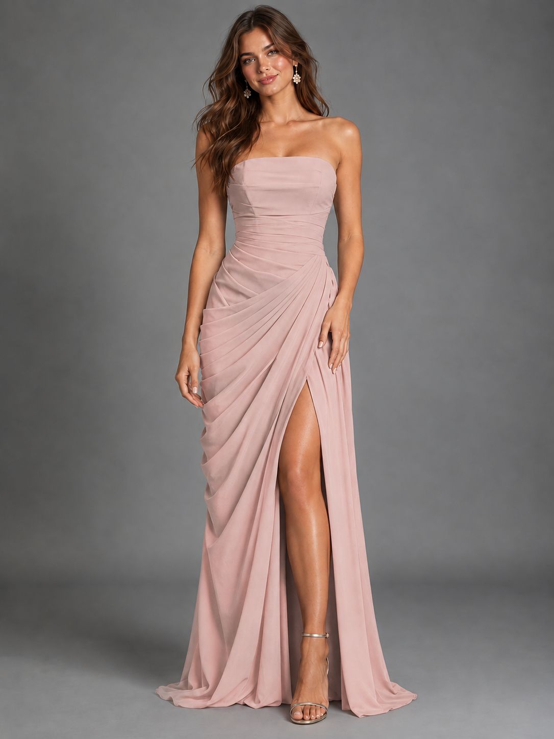 Strapless Bodycon Pleated Chiffon Formal Dress with Slit