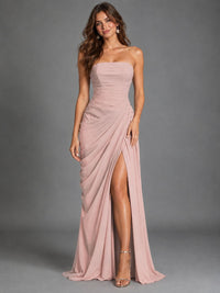 Strapless Bodycon Pleated Chiffon Formal Dress with Slit