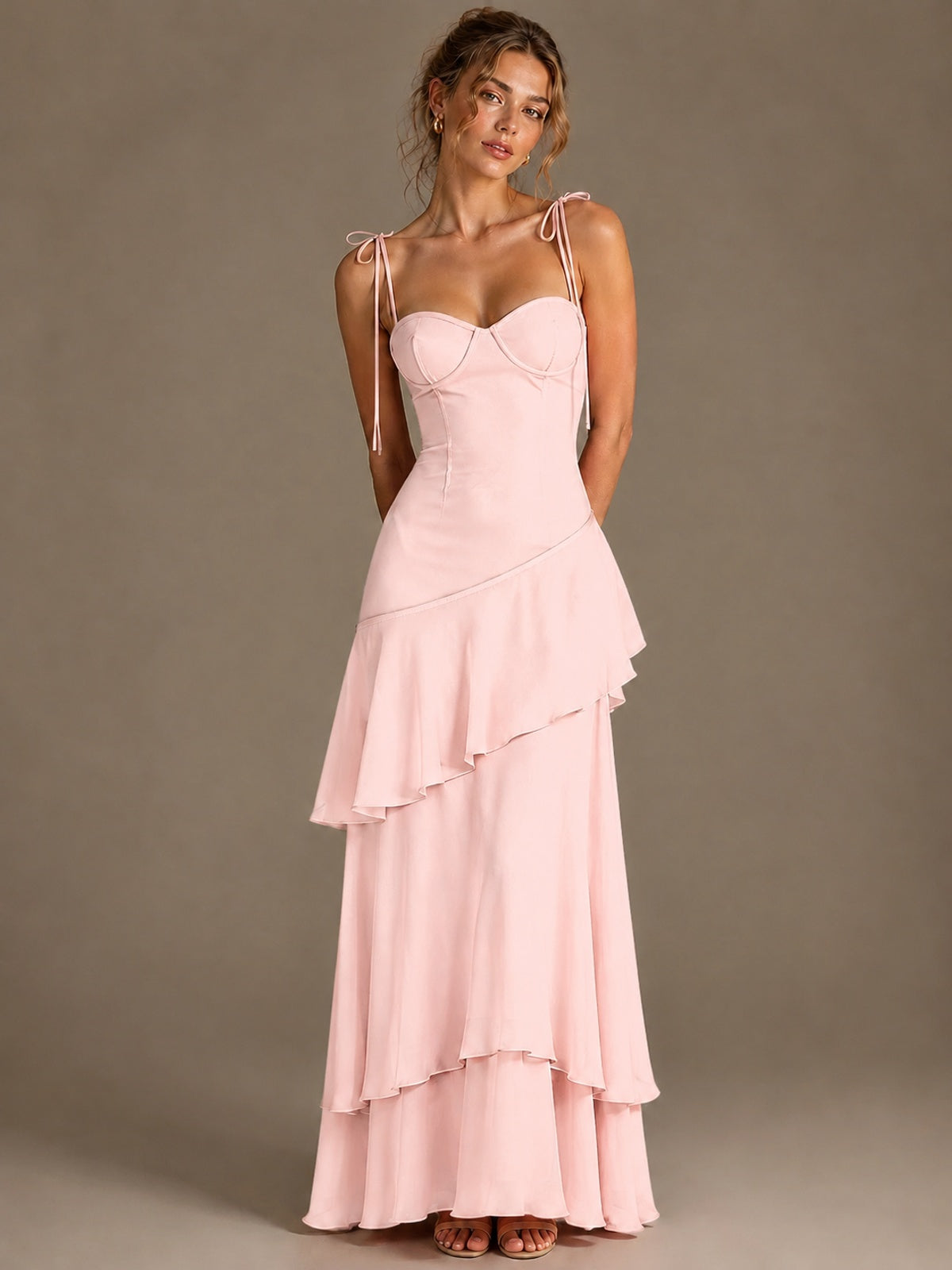 Spaghetti Strap Tiered Ruffles Chiffon Prom Dress