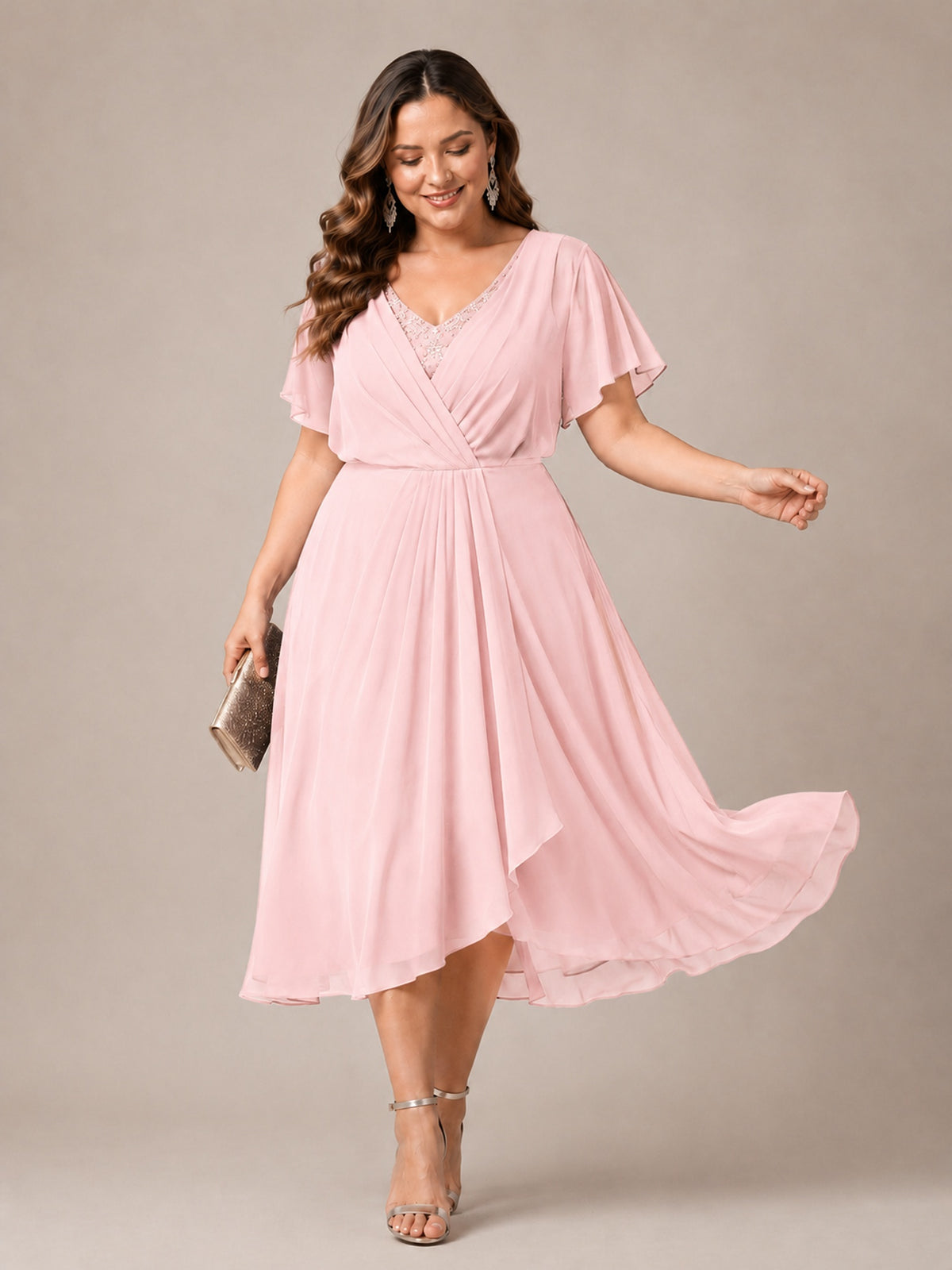 Navy Blue A-Line V-Neck Tea-Length Mother of the Bride Dress