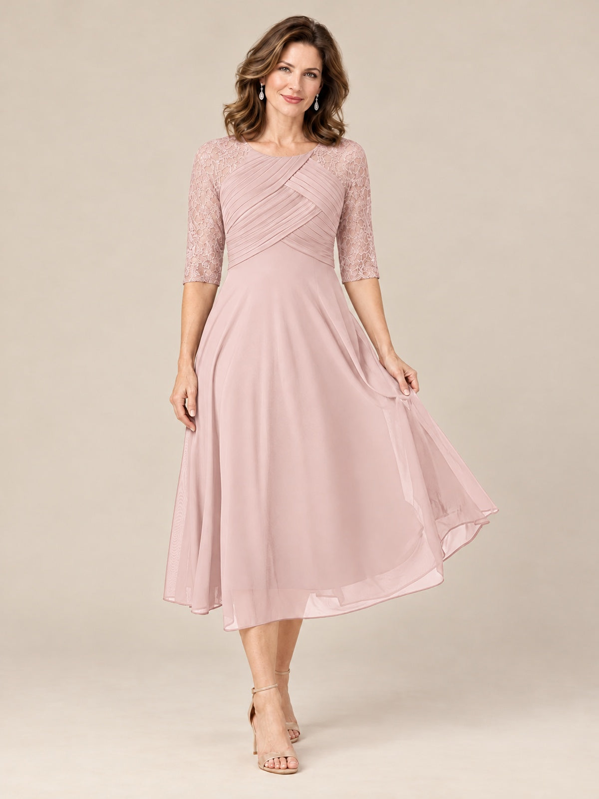 Tea-Length Mother of the Bride Dress with Lace 3/4 Sleeves