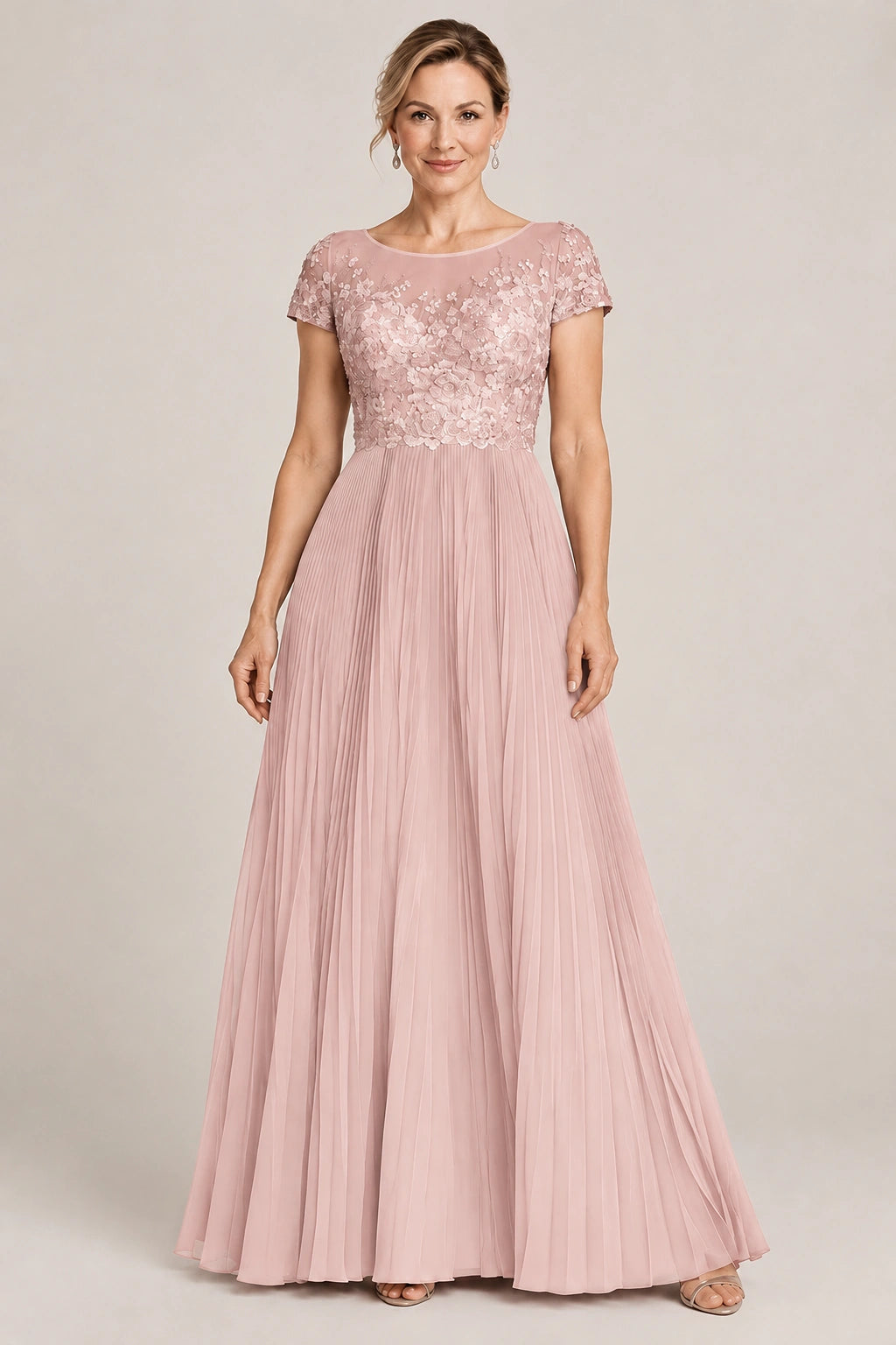 Embroidered Lace Pleated Mother of the Bride Dress