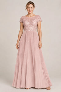 Embroidered Lace Pleated Mother of the Bride Dress