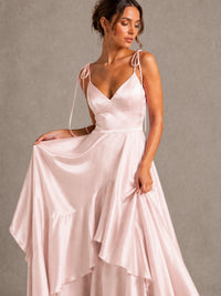 Lavender Satin V-Neck Ruffle Maxi Dress