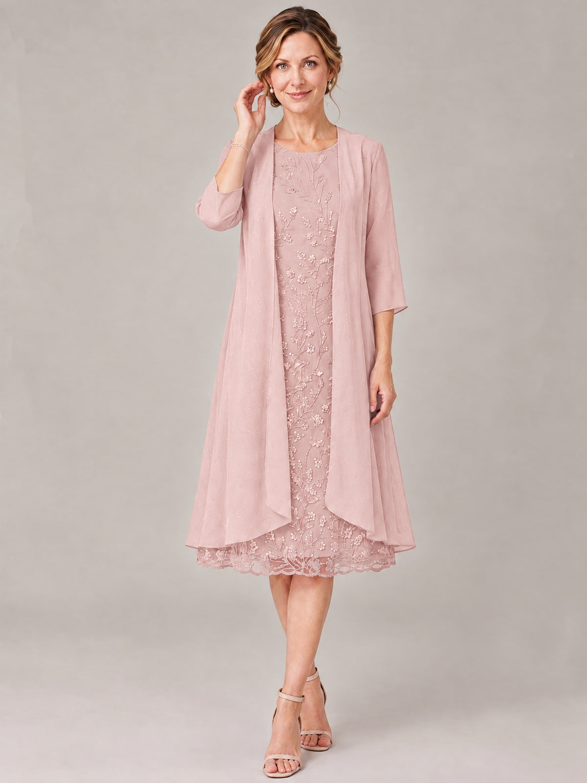 Tea Length Sequin Lace Mother of The Bride Dress with Chiffon Jacket