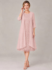 Tea Length Sequin Lace Mother of The Bride Dress with Chiffon Jacket