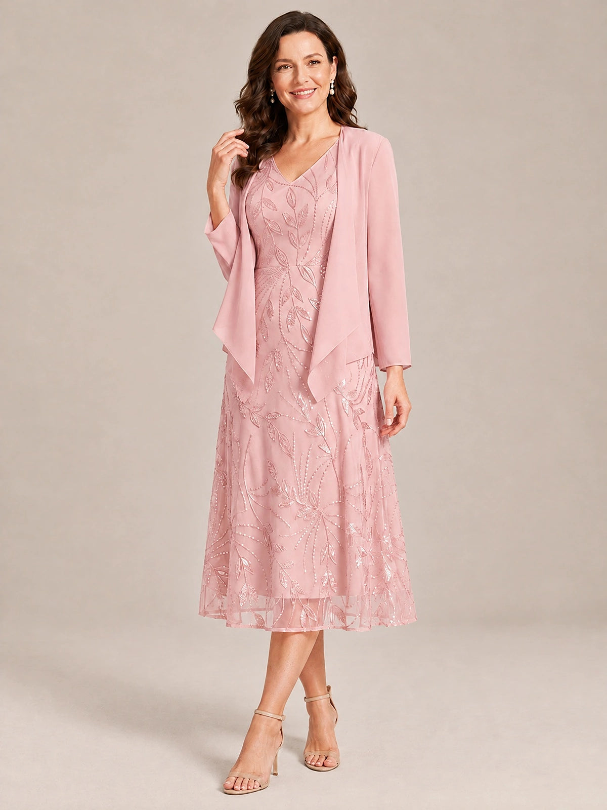 Tea Length Sequin Lace Mother of the Bride Dress with Chiffon Jacket