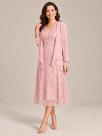 Tea Length Sequin Lace Mother of the Bride Dress with Chiffon Jacket