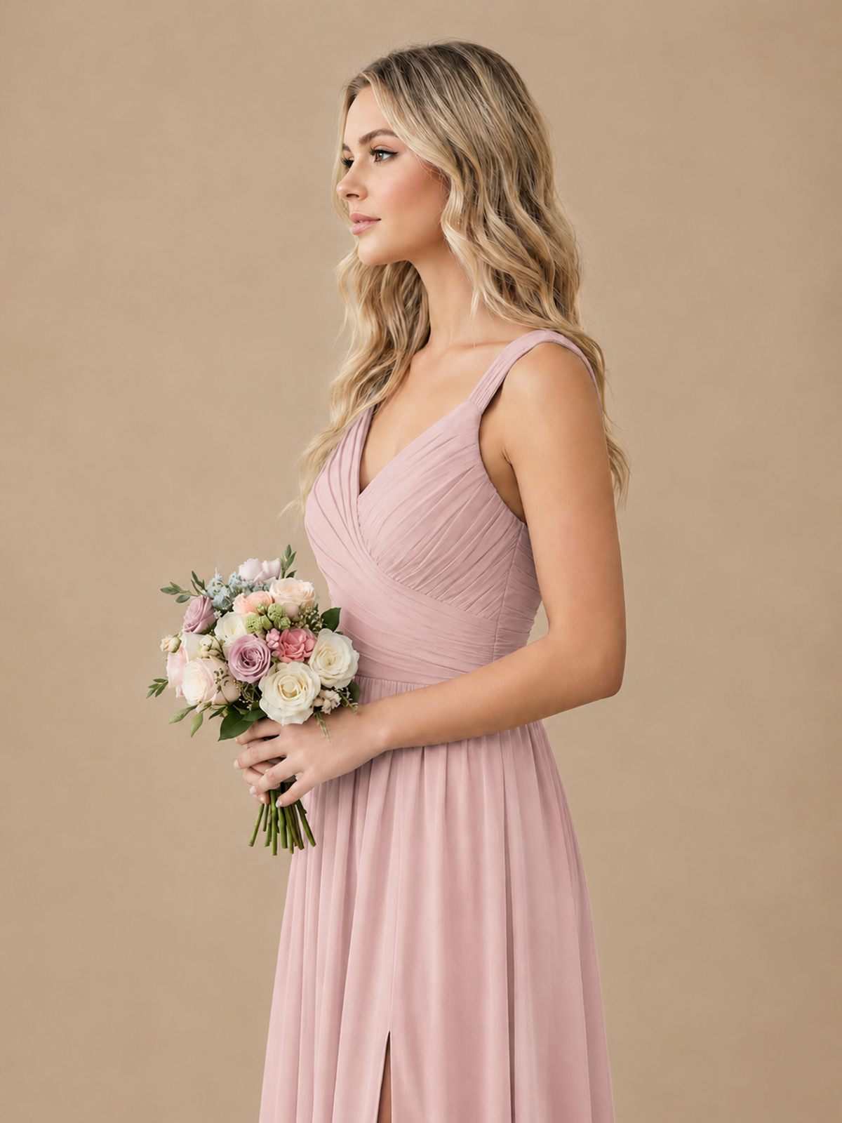 Pleated Chiffon V Neck Wedding Bridesmaid Dresses Floor Length with Slit