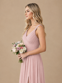 Pleated Chiffon V Neck Wedding Bridesmaid Dresses Floor Length with Slit