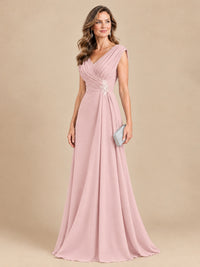 V Neck Pleated Mother of The Bride Dresses with Beading Cap Sleeves
