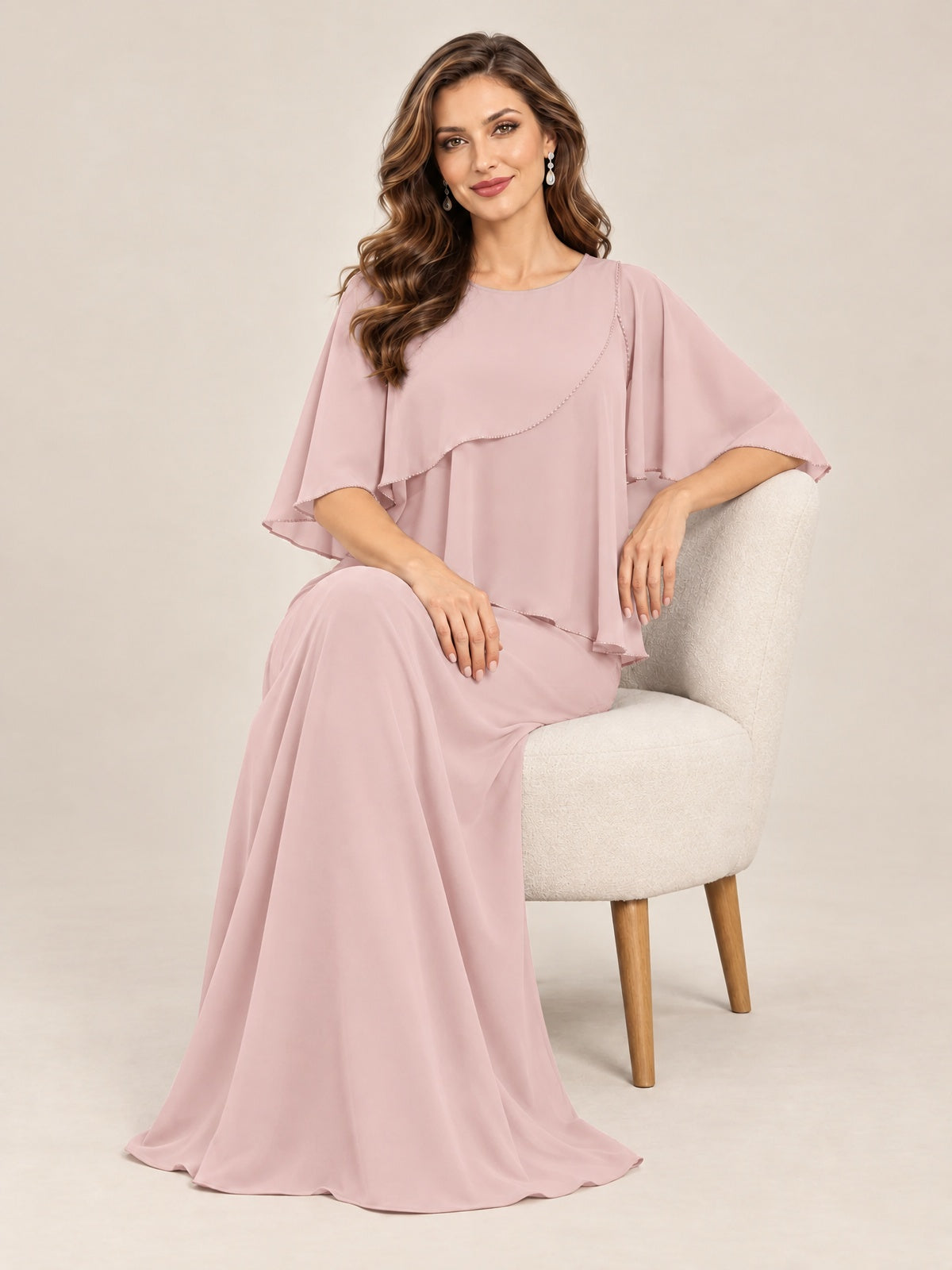Cape Sleeve Mother of the Bride Dress with Asymmetrical Overlay
