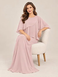 Cape Sleeve Mother of the Bride Dress with Asymmetrical Overlay