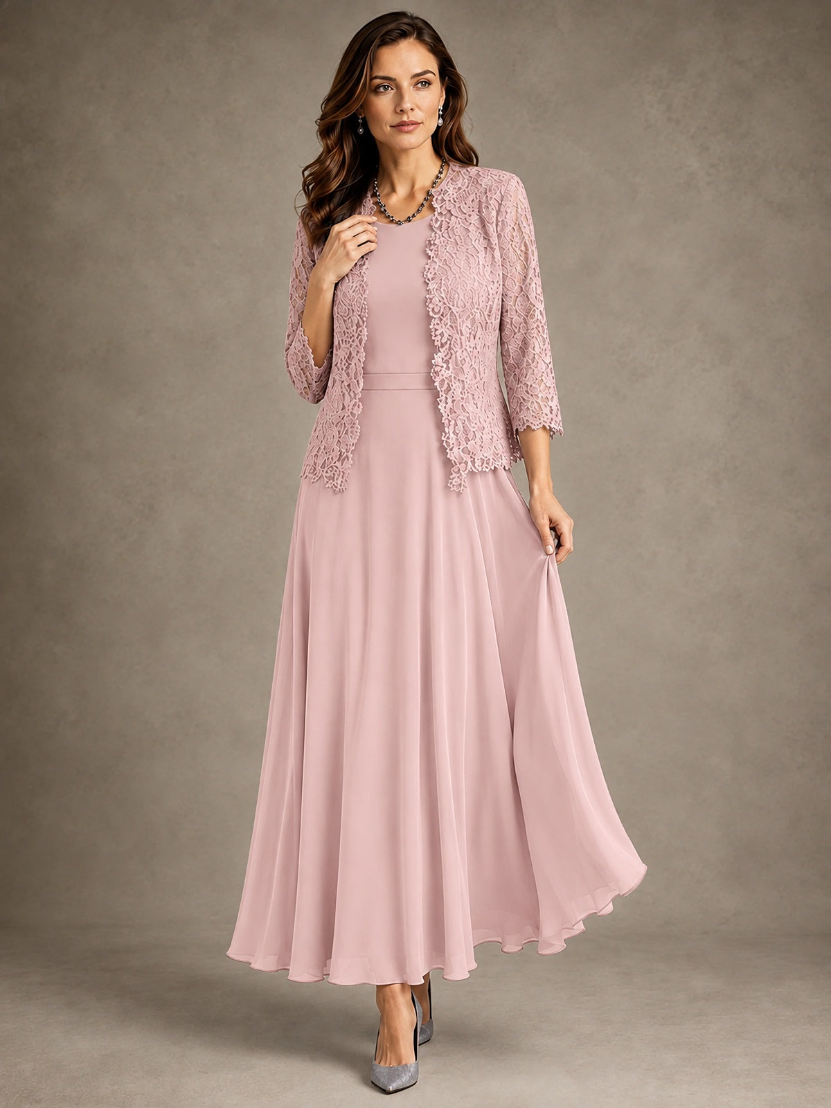 2-Piece Chiffon Mother of the Bride Dress with Lace Jacket