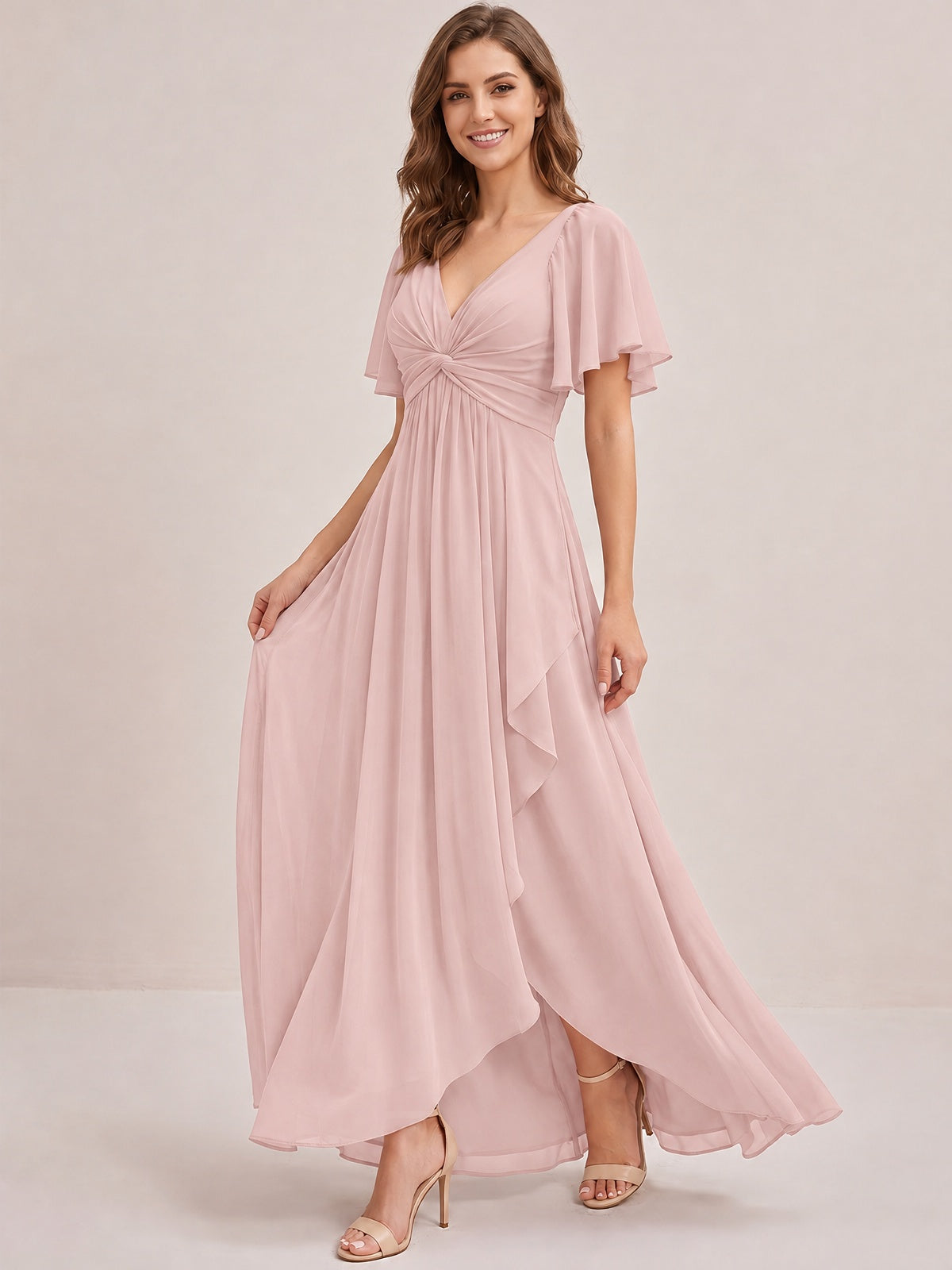 Dusty Blue Chiffon Bridesmaid Dress with Flutter Sleeves & High-Low Hem