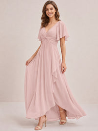 Dusty Blue Chiffon Bridesmaid Dress with Flutter Sleeves & High-Low Hem