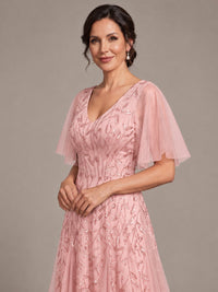 V-Neck Sequin Tulle Mother of the Bride Dress with Flutter Sleeve
