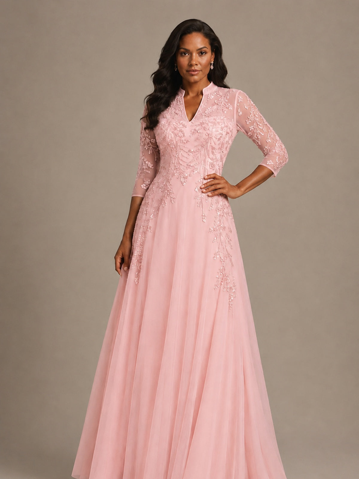 Embellished Appliques Mother of the Bride Dress with 3/4 Sleeves