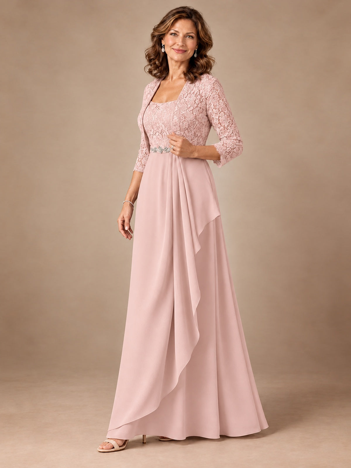 Blush Pink A-Line Mother of the Bride Dress with Lace Jacket and Ruffles