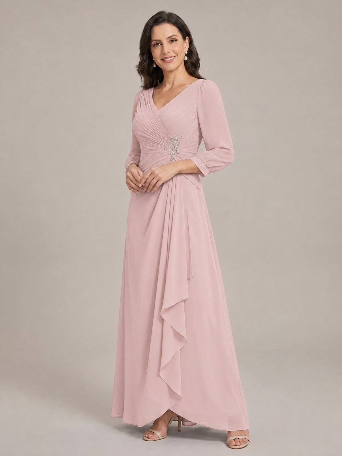V-Neck Pleated Chiffon Mother of the Bride Dress with Flutter Sleeves