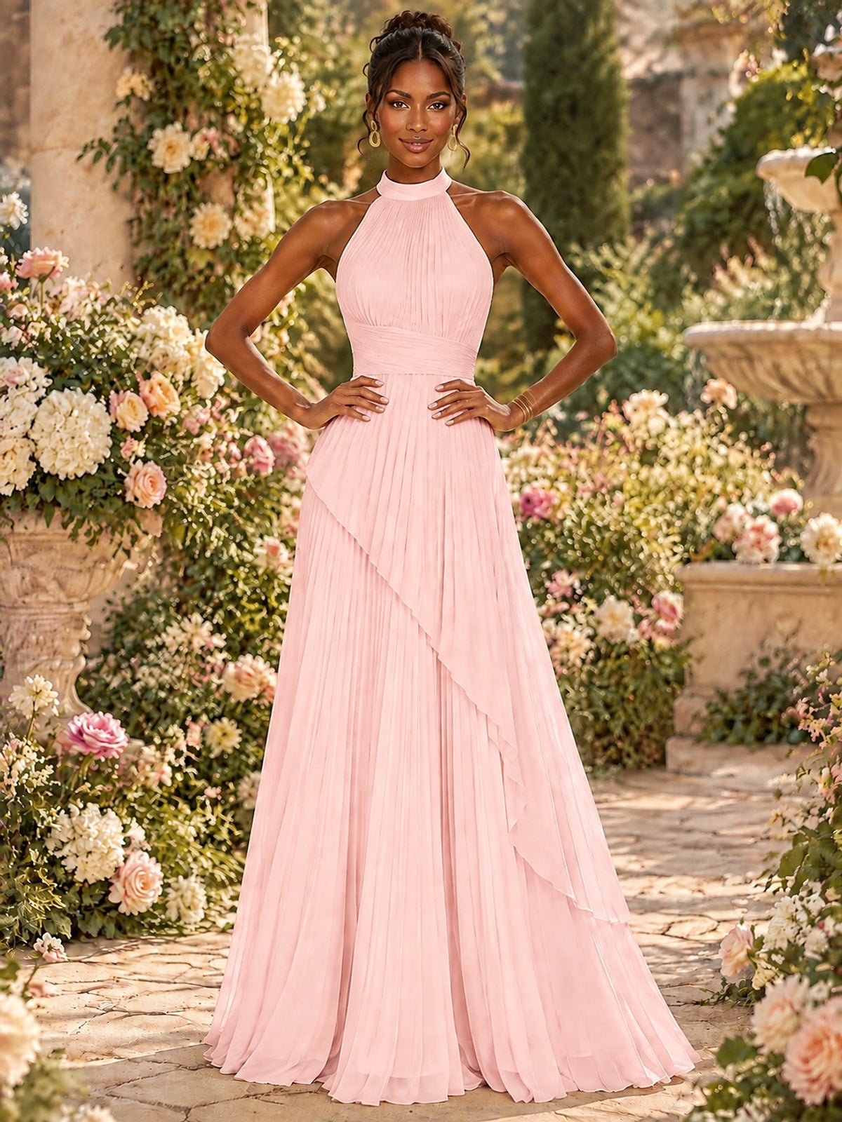 Wrap Pleated Prom Dress Halter A-line Chiffon Formal Wedding Dress