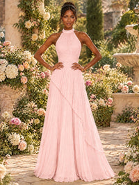 Wrap Pleated Prom Dress Halter A-line Chiffon Formal Wedding Dress