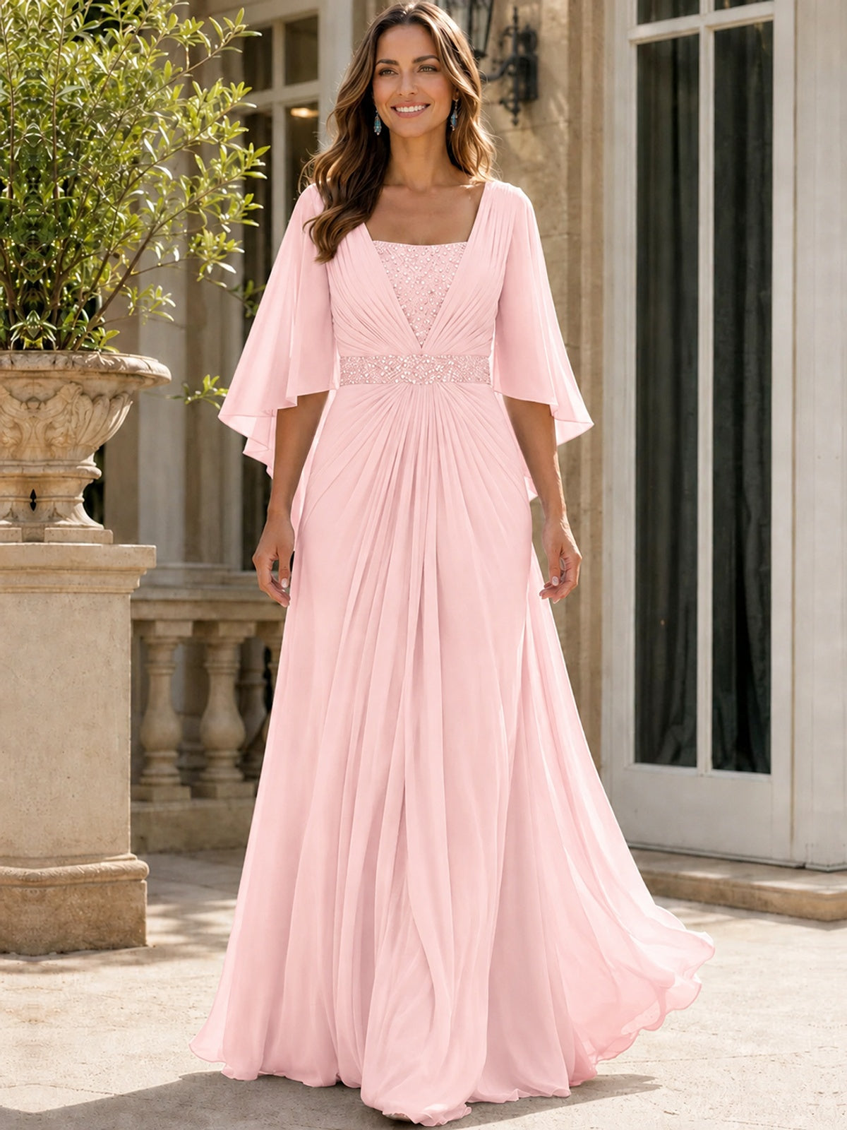 Elegant V-Neck Sequined Chiffon Mother of the Bride Dress with Flutter Sleeves
