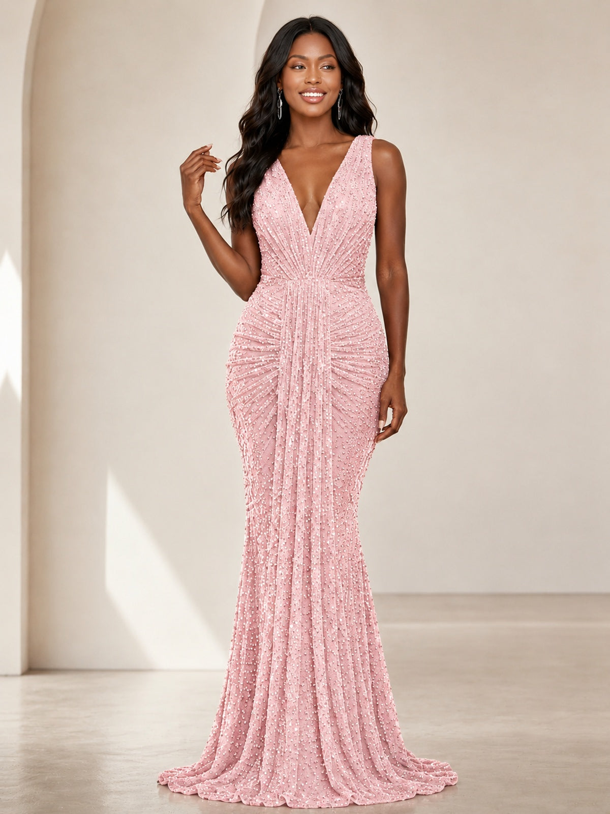 Sequin Mermaid Prom Dress with V-Neck and Ruched Waist