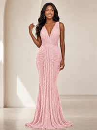 Sequin Mermaid Prom Dress with V-Neck and Ruched Waist