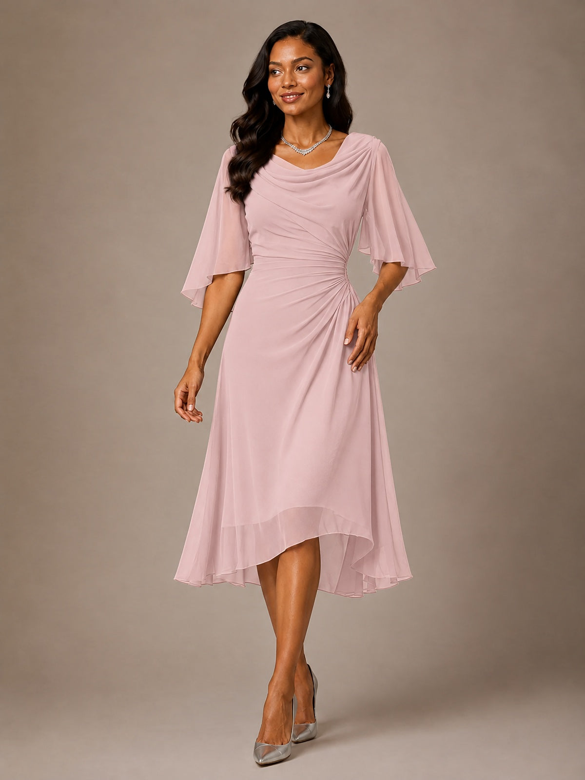 Cowl Neck Ruched Chiffon Mother of the Bride Dresses with Flutter Sleeves