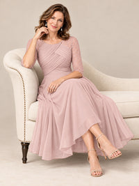 Tea-Length Mother of the Bride Dress with Lace 3/4 Sleeves
