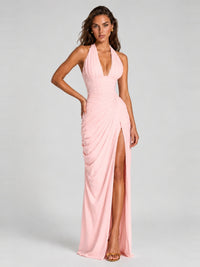 Ruched Halter Neck High-Slit Prom & Evening Dress