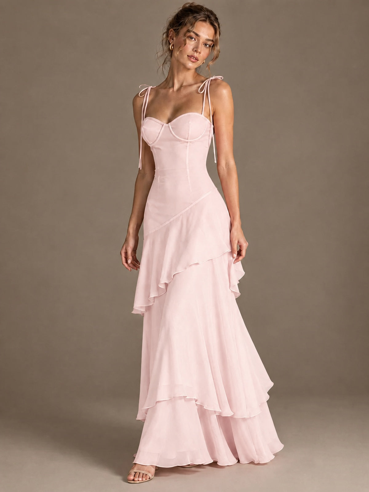 Spaghetti Strap Tiered Ruffles Chiffon Prom Dress