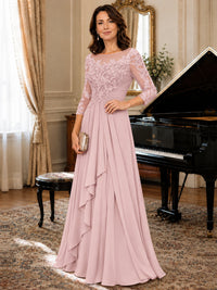 A-Line Chiffon Mother of the Bride Dress with Floral Applique 3/4 Sleeves
