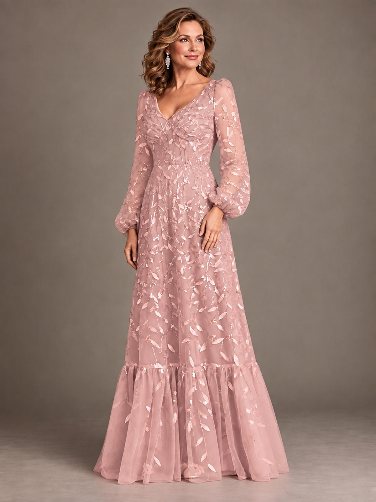 Floral Sequin Embroidered A-Line Mother of the Bride Dress with Long Sleeves